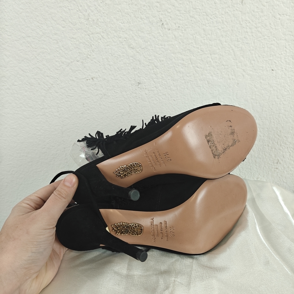 Aquazzura Sexy Fringe 105 Black Suede Cutout Sandal Heels 37.5/7.5 Women's - Picture 12 of 15